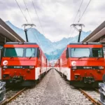photo of two red trains
