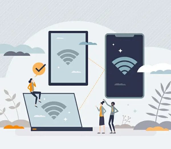 A flat illustration of two people using a portable wi-fi device for travel.