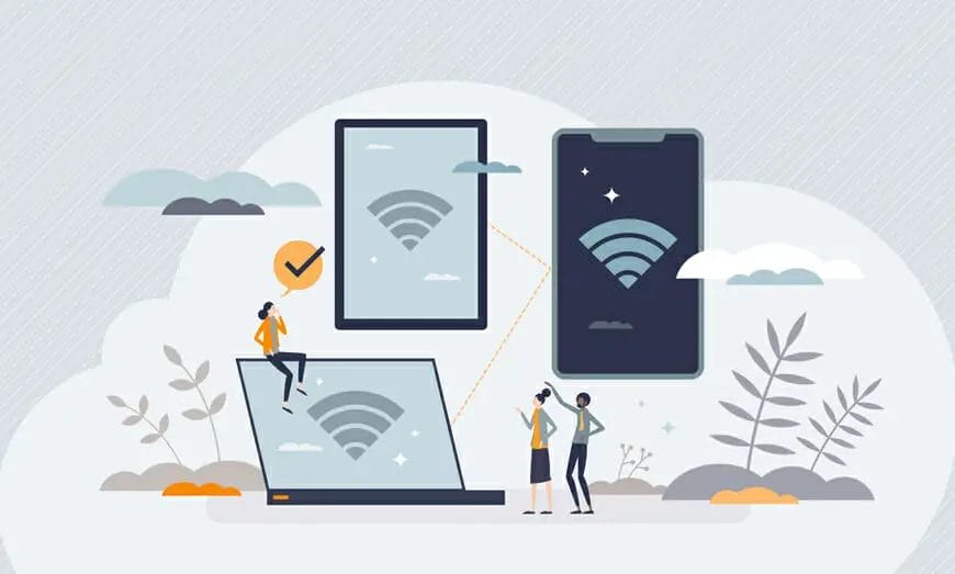 A flat illustration of two people using a portable wi-fi device for travel.