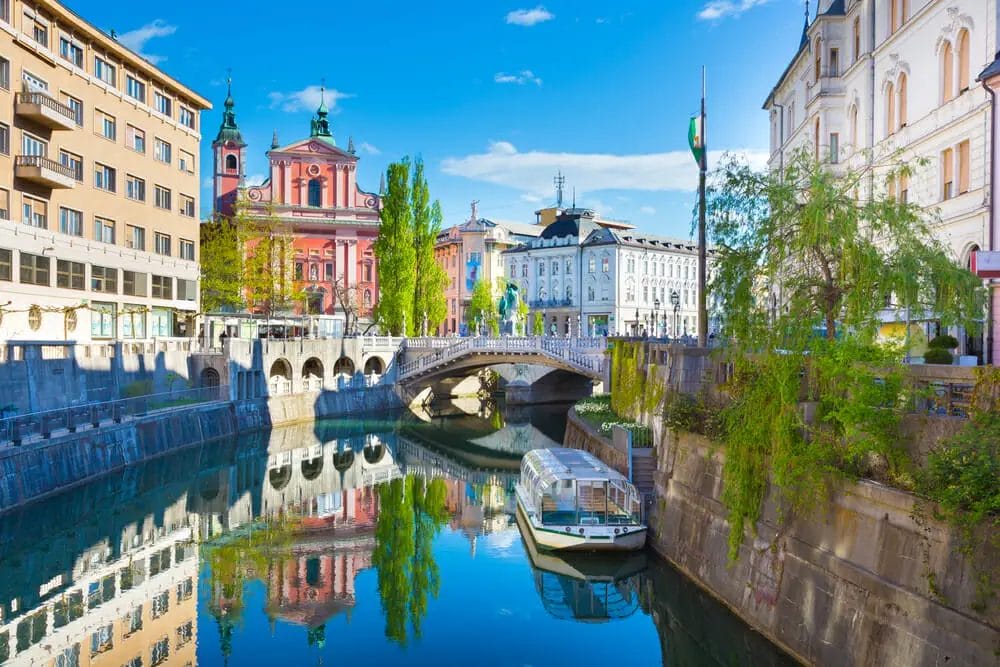 A scenic canal offering various activities in Ljubljana, Slovenia.