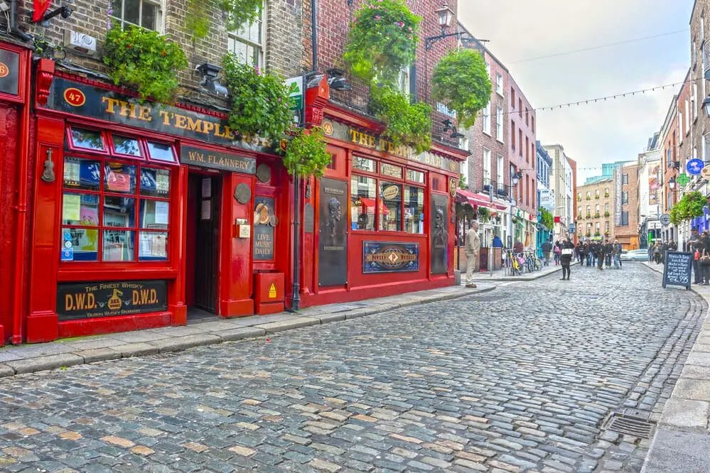 One of the best party places in Europe, a cobblestone street in Dublin, Ireland.