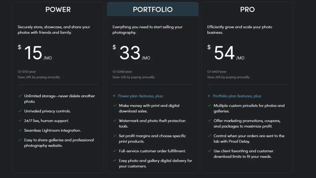A pricing table for Smugmug's photoshoot packages. Smugmug Review