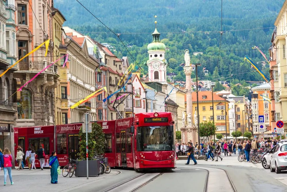 A red tram in Innsbruck Austria - Old Town of Innsbruck.
