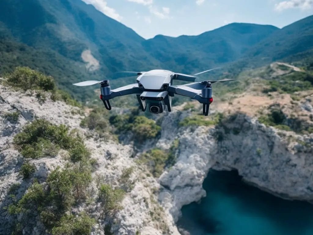 Dji phantom drone flying over a cliff.  Drone Laws in Albania