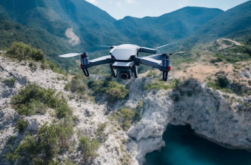 Dji phantom drone flying over a cliff.