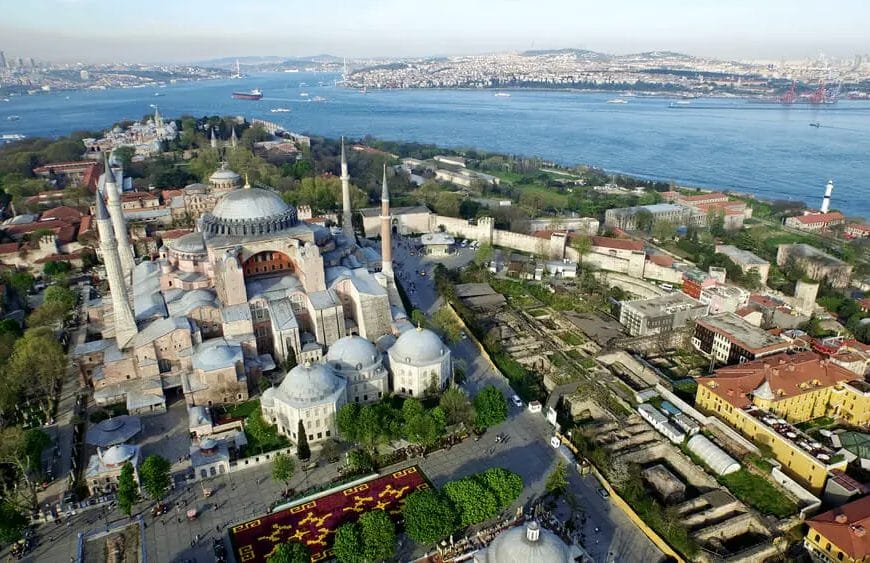An aerial view of the blue mosque in Istanbul captured using a drone.