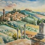 A watercolor painting of a village in Tuscany.