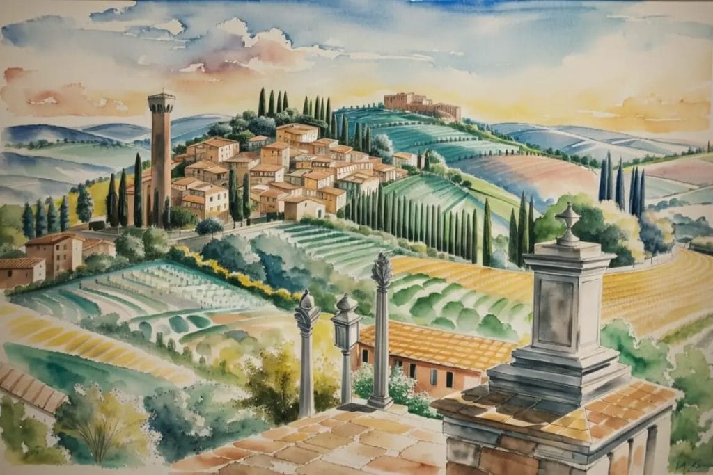 Un dipinto ad acquerello di un villaggio della Toscana.