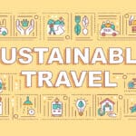 Sustainable travel tips on a yellow background.