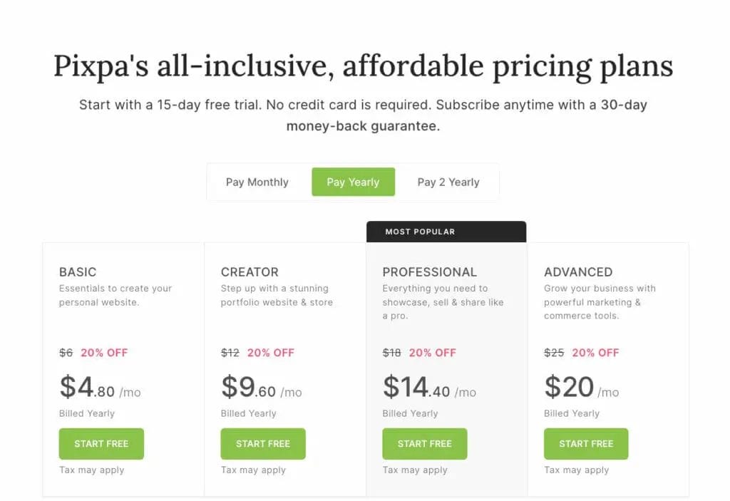 A website showcasing pricing options for Pixpa Review.
