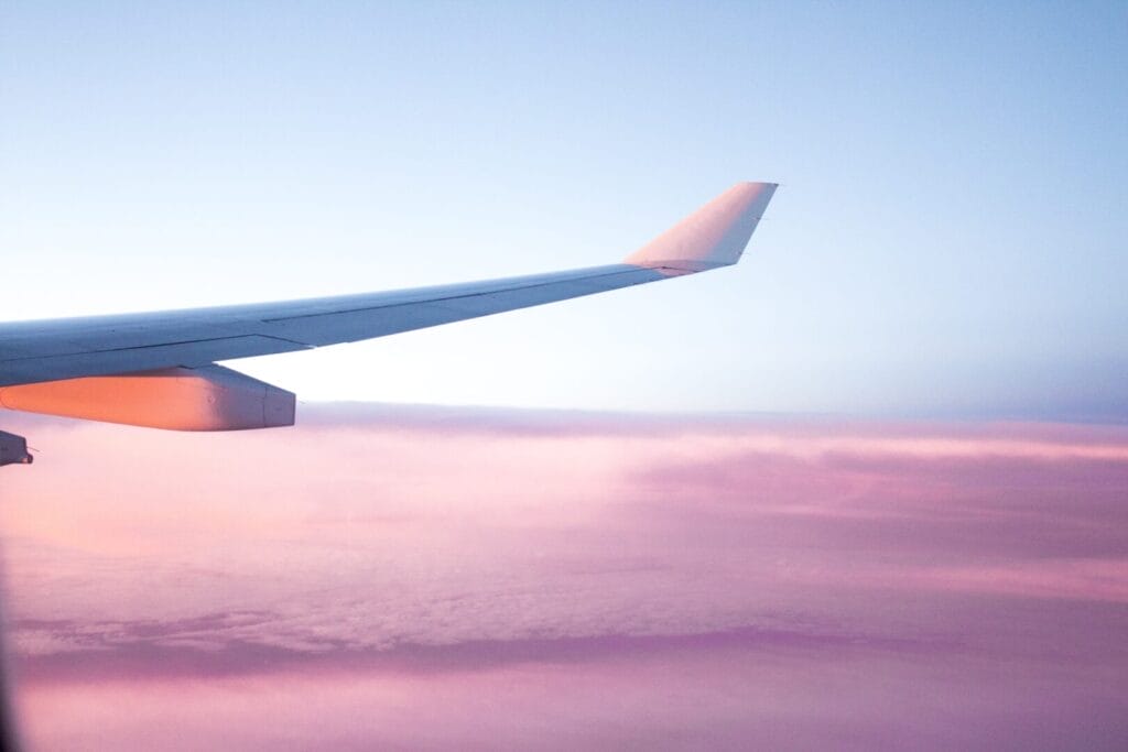 airplane, sunset.