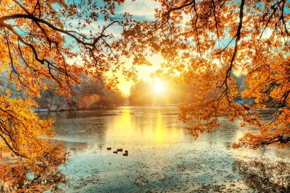 Europe's Best Places to Visit in October include a picturesque autumn scene with the sun shining over a tranquil lake.