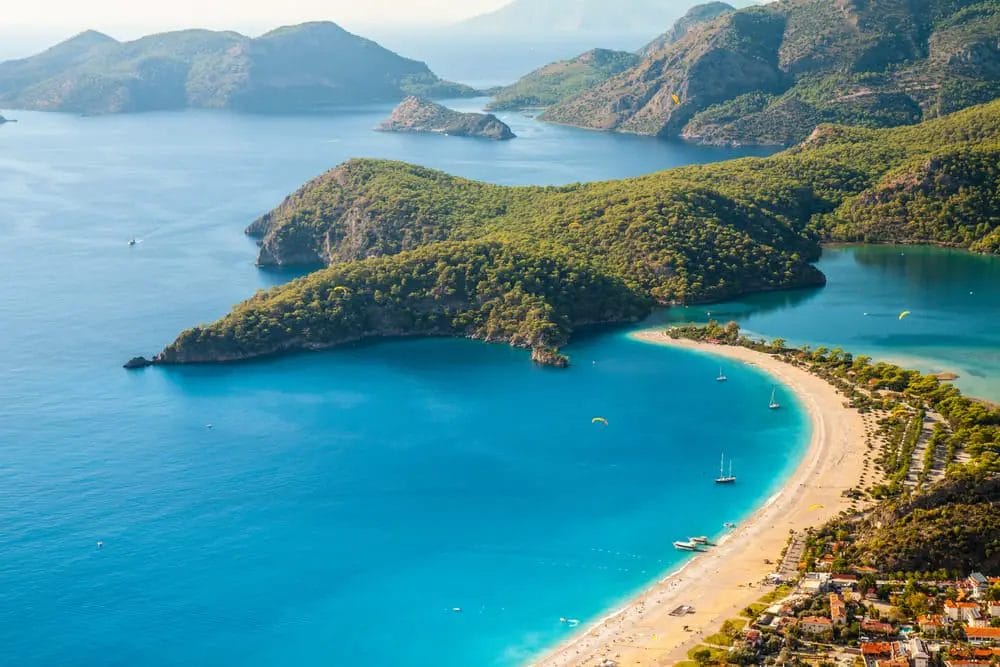 An aerial view of one of the best sandy beaches in Europe, located in Turkey.