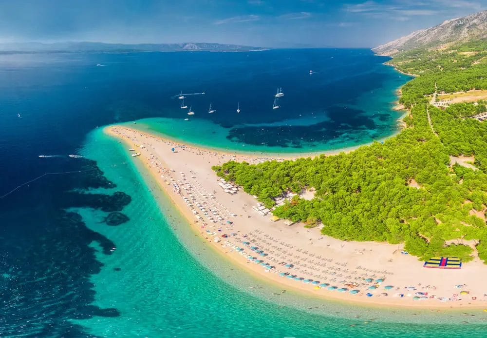 An aerial view of one of the best sandy beaches in Europe, located in Croatia.