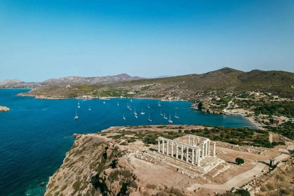 Drone Shot of Temple of Poseidon in Greece