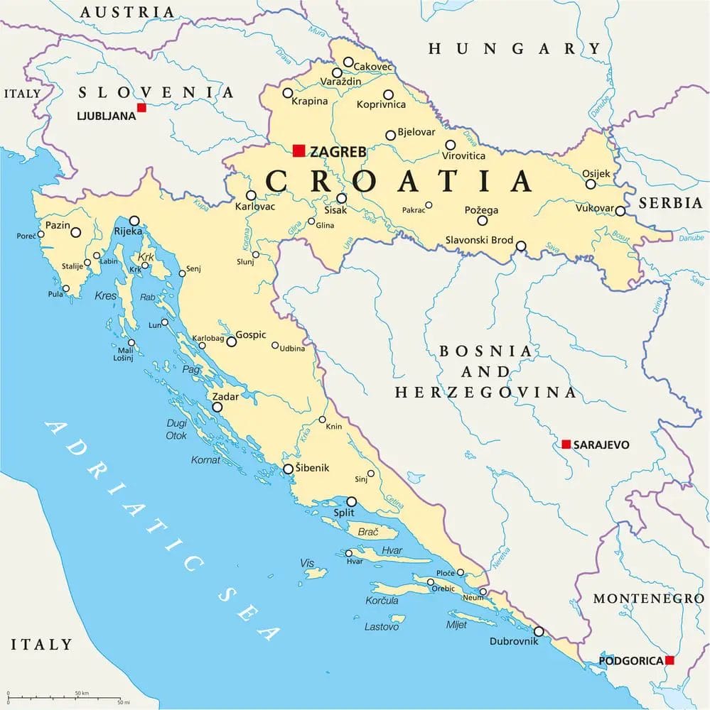 A map of croatia with major cities and towns.
