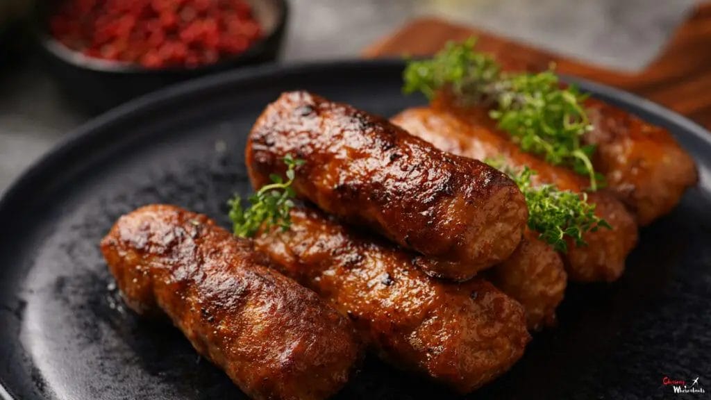National Dish of Serbia - Traditional Serbian sausages on a black plate with herbs and spices.