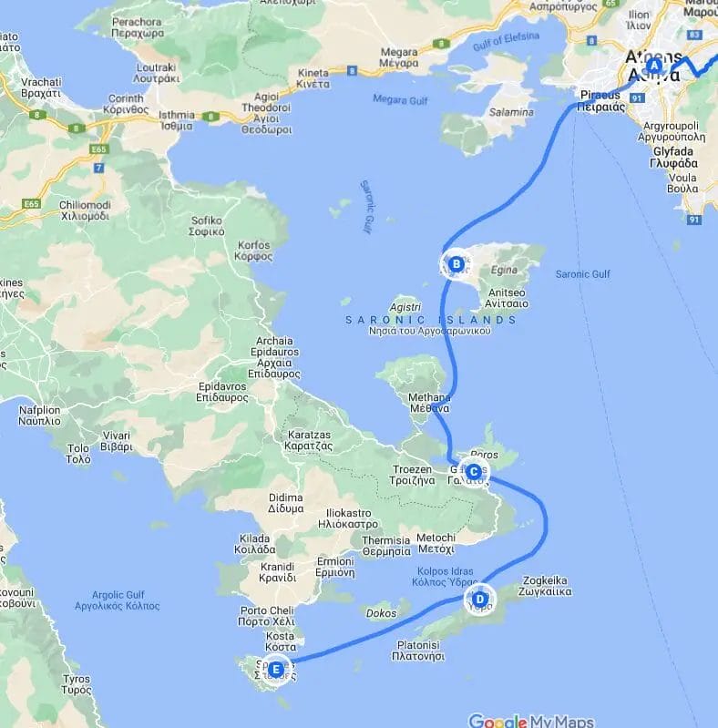 A map displaying the island hopping route in Greece.