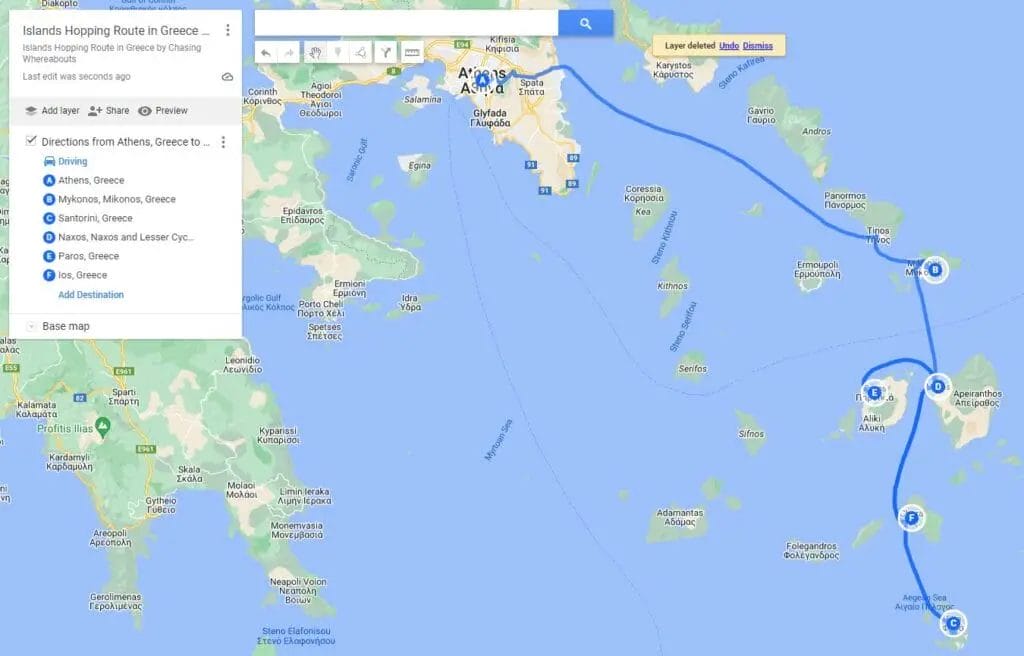 A google map showing the island hopping route in Greece.