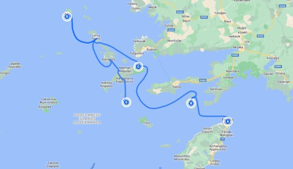An island hopping route map in Greece showcasing the boat's journey.
