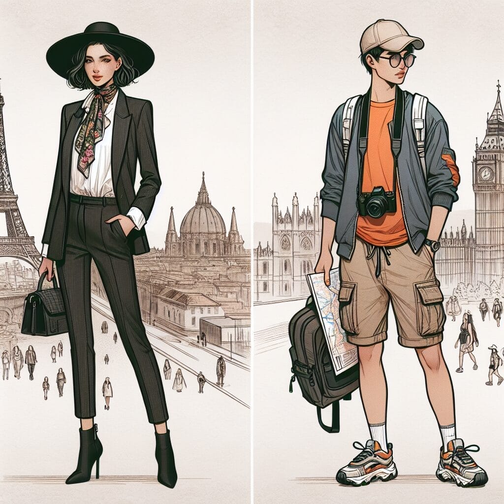 Stylishly dressed woman on the left posing in front of the eiffel tower, and a casually dressed man with a camera on the right standing before the westminster palace.