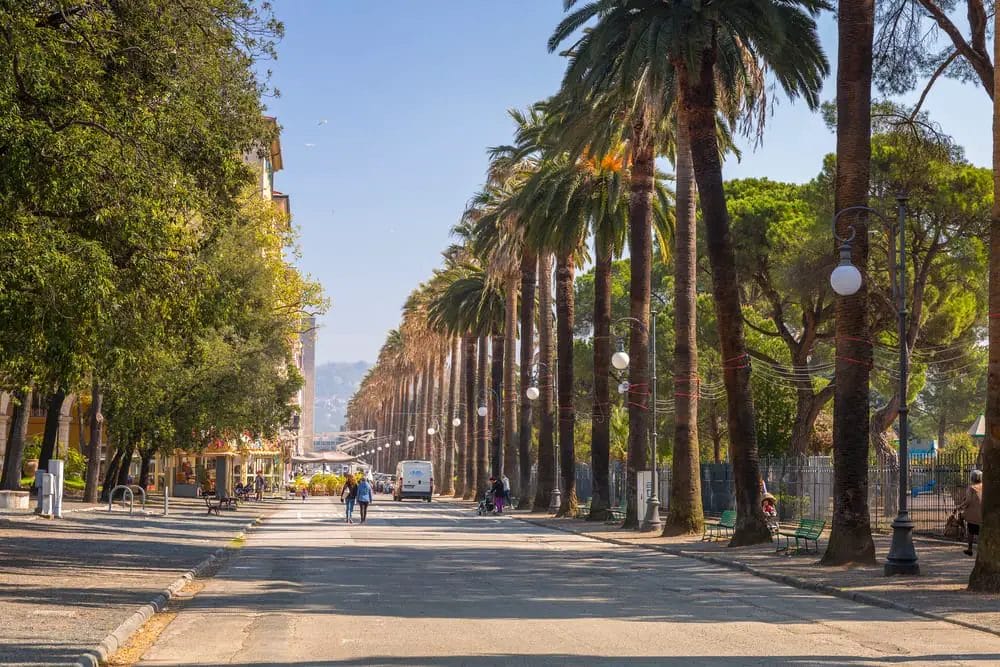 A street with palm trees in La Spezia and people walking on it. Is La Spezia in Tuscany