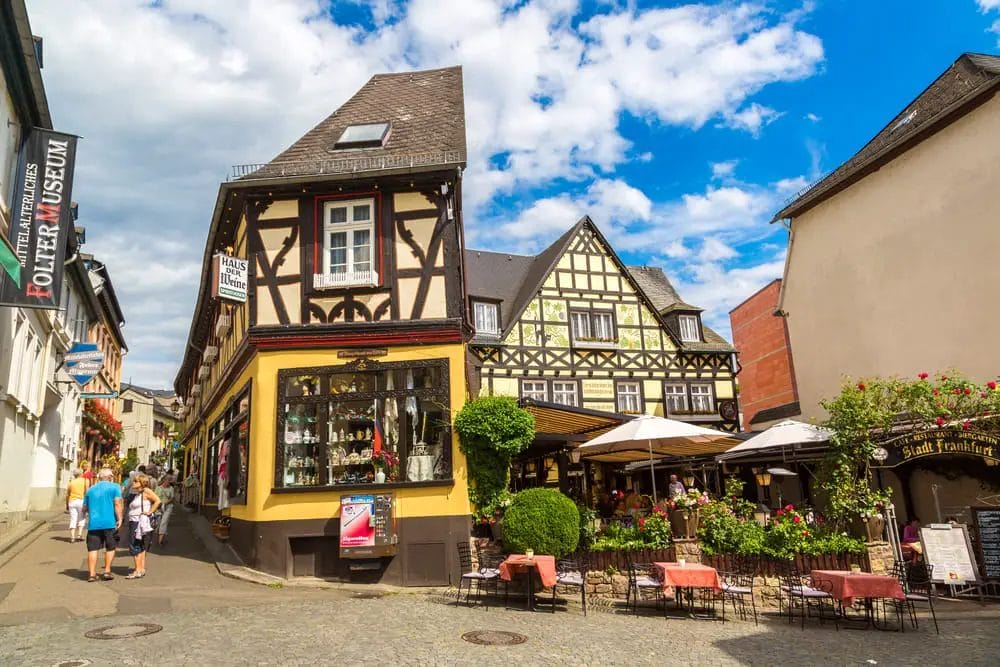 A building on a cobblestone street, perfect for weekend trips from Frankfurt.