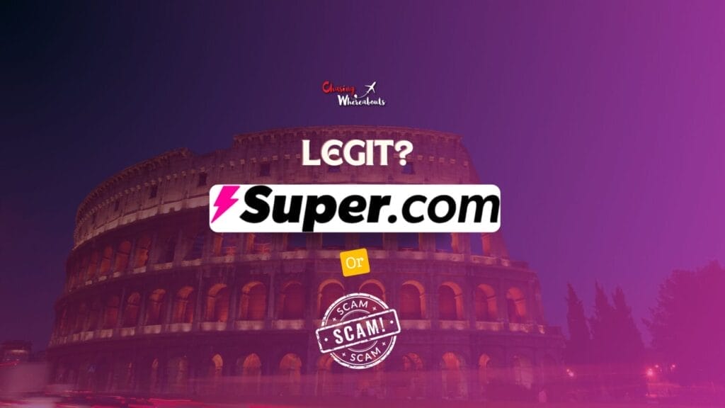 Ist Super.com eine legitime Frage, die vor dem Kolosseum mit kontrastierenden Etiketten von „Legit“ und „Betrug“ gestellt wird?