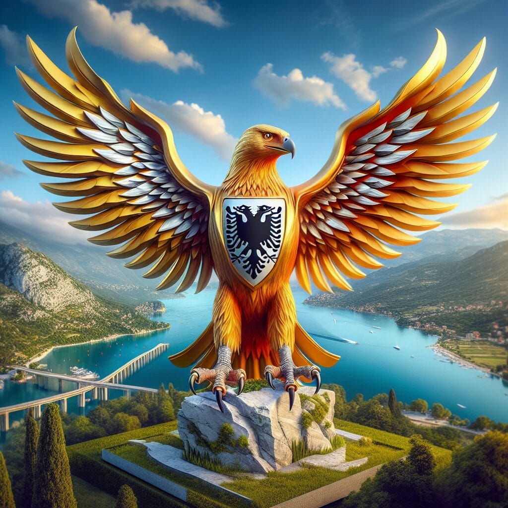 Una majestuosa águila creada digitalmente, que representa el símbolo nacional de Albania, con amplias alas doradas y un escudo en el pecho, se alza sobre una roca con vistas a un pintoresco valle fluvial.