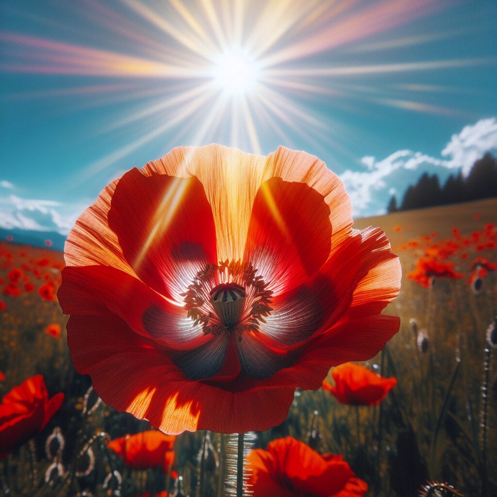 Close-up of a vibrant red poppy flower backlit by the sun, with a field of poppies and a blue sky in the background.